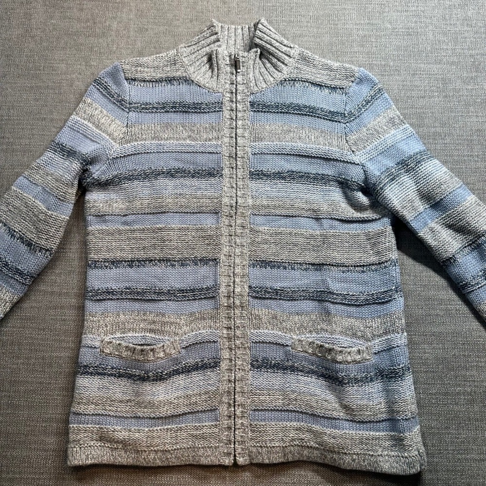 LL Bean Full Zip Cardigan Womens M Blue Grey Striped Cotton Knit Sweater